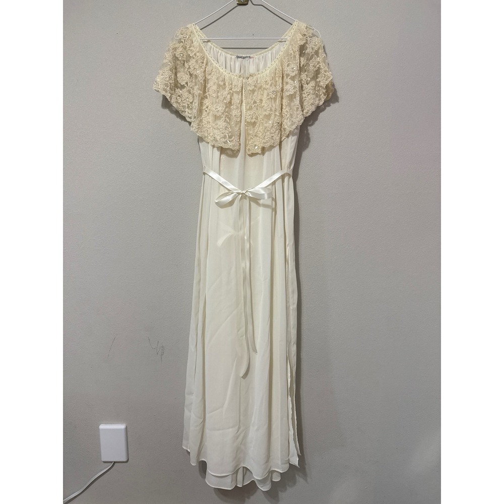 Sakowitz Peignoir Set Womens XS Cream Vintage Lace Embellished Maxi Nightgown